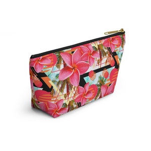 Sunset Pink Plumeria Flowers Carry-All Pouch, Tropical Palm Trees Beach Surf Floral Boho Style Small & Large Zipper Clutch Accessory Bag image 6