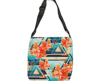 Tangerine Orange Hibiscus Sea Flowers - Tote Bag, Tropical Blue Floral Beach Surf Boho Chic Memphis Pattern Back to School Market Accessory