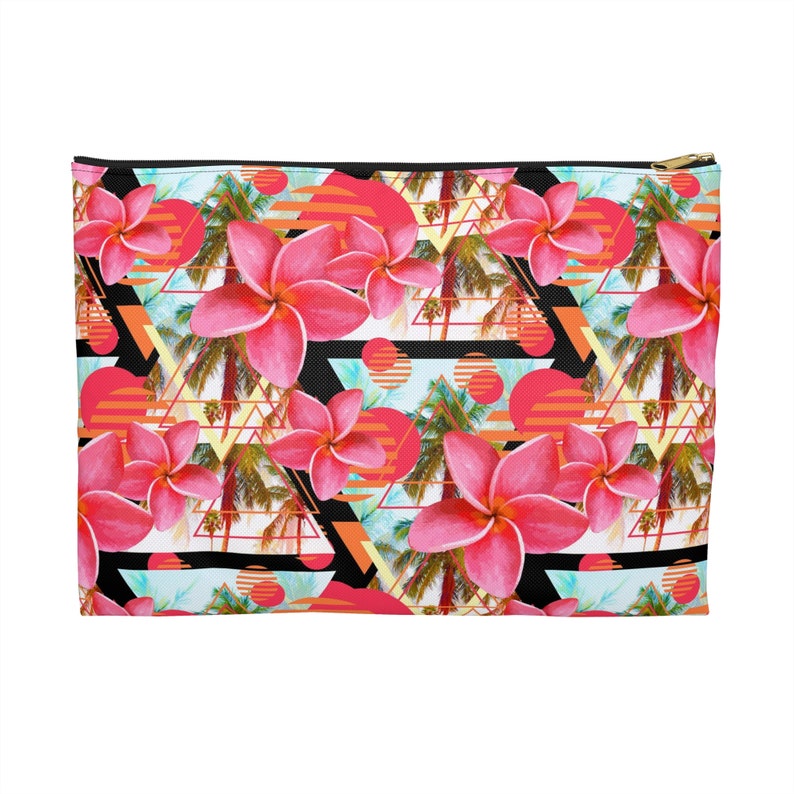 Sunset Pink Plumeria Flowers Carry-All Pouch, Tropical Palm Trees Beach Surf Floral Boho Style Small & Large Zipper Clutch Accessory Bag Large Basic 12.5x8.5 inches