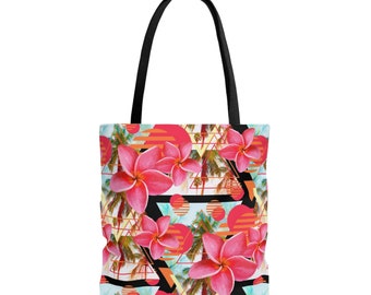 Sunset Pink Plumeria Flowers - Tote Bag, Orange & Tropical Palm Trees Floral Beach Surf Boho Chic Memphis Pattern Market Shopping Accessory