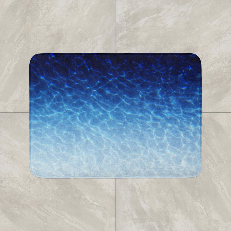 Marina Blue Bath Mat, Surf Ocean Nautical Style Beach Bathroom Mat, Non