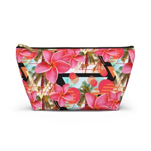 Sunset Pink Plumeria Flowers Carry-All Pouch, Tropical Palm Trees Beach Surf Floral Boho Style Small & Large Zipper Clutch Accessory Bag SML T-Bottom 8.5x4.5 inches