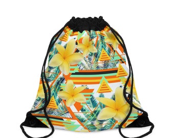 Sunshine Yellow Plumeria Flowers - Drawstring Gym Bag, Floral Frangipanis Beach Tropical Surf Boho Chic Drawcord Travel Carrier, 19.5x15.5in