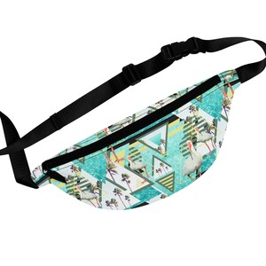 Summer White Ibis - Fanny Pack, Tropical Blue Ocean Beach Surf Seabirds Boho Chic Style Memphis Pattern Accessory Sling 14.5&quot;x6&quot; Carrier