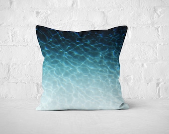 Peacock Blue - Throw Pillow, Tropical Blue Ocean Water Ombre Style Beach Surf Decor Home Interior Accent Square. 16x16 18x18 20x20 inch