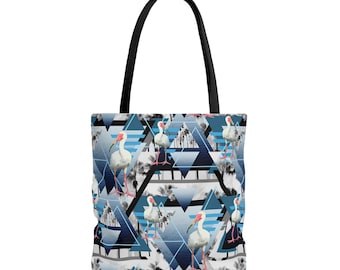 White Ibis and Coast - Tote Bag, Nautical Blue Tropical Birds Beach Surf Boho Chic Memphis Pattern Market Back to School Carrier Accessory