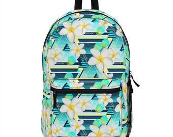 Beach White Plumeria Flowers - Backpack, Turquoise Ocean Blue Beach Surf Style Boho Chic Memphis Design Travel School Overnight Carrier Bag