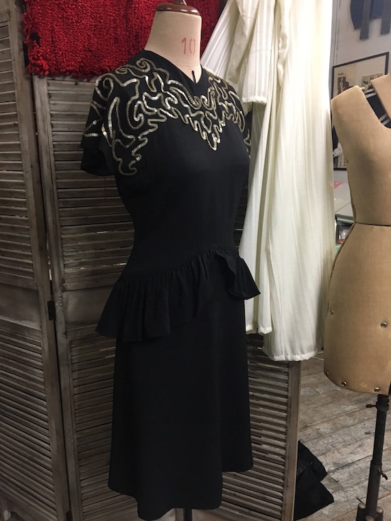 Alden, HOLLYWOOD Glamour Original EVELYN ALDEN 1940s WW2-era Black Rayon Peplum Dress with Sequin Trim