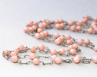 Luscious Peach Coral Dainty Strand Necklace / Wrap Bracelet. Long Beaded Silver Vintage Natural Undyed Coral. Beaded Layering Jewelry