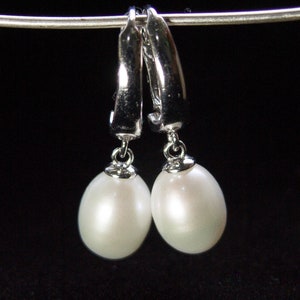 White Drop Pearl Earrings. Sterling Silver Premium Pearl Leverback Earrings. Pearl Jewelry. Silver Earrings. June Birthstone