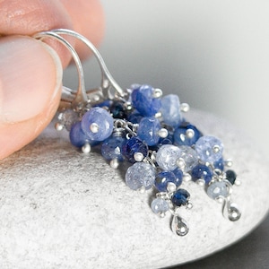 Blue Sapphire Cascade Earrings. September Birthstone. Cascade Cluster Dangle Earrings. Sterling Silver Jewelry. Long Drop Precious Gemstone