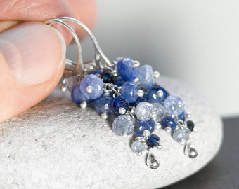Blue Sapphire Cascade Earrings. September Birthstone. Cascade Cluster Dangle Earrings. Sterling Silver Jewelry. Long Drop Precious Gemstone