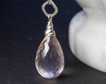 Rose Quartz Pristine Faceted Large Teardrop. Pink Quartz Pendant Necklace. Layering Necklace. Quartz Jewelry. Silver Necklace