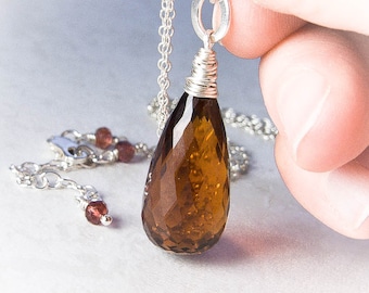 Madeira Citrine Pendant Necklace. Large Premium Quality Madeira Citrine Drop Necklace. Sterling SIlver or Goldfill. November Birthstone