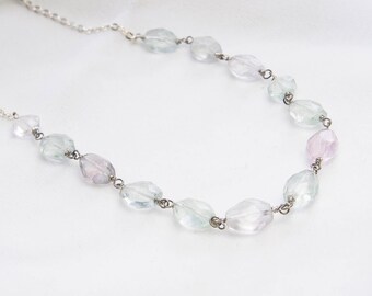 Petal Pink and Mint Green Pastel Fluorite Wrapped Beaded Necklace. Facet Cut Fluorite Layering Necklace.
