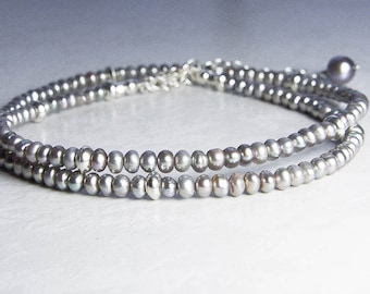 Tiny Silver Gray Pearl Necklace. Minimalist Strand Necklace. Petite Necklace. Silver Jewelry, Gray Pearl Layering Necklace. Beaded Necklace