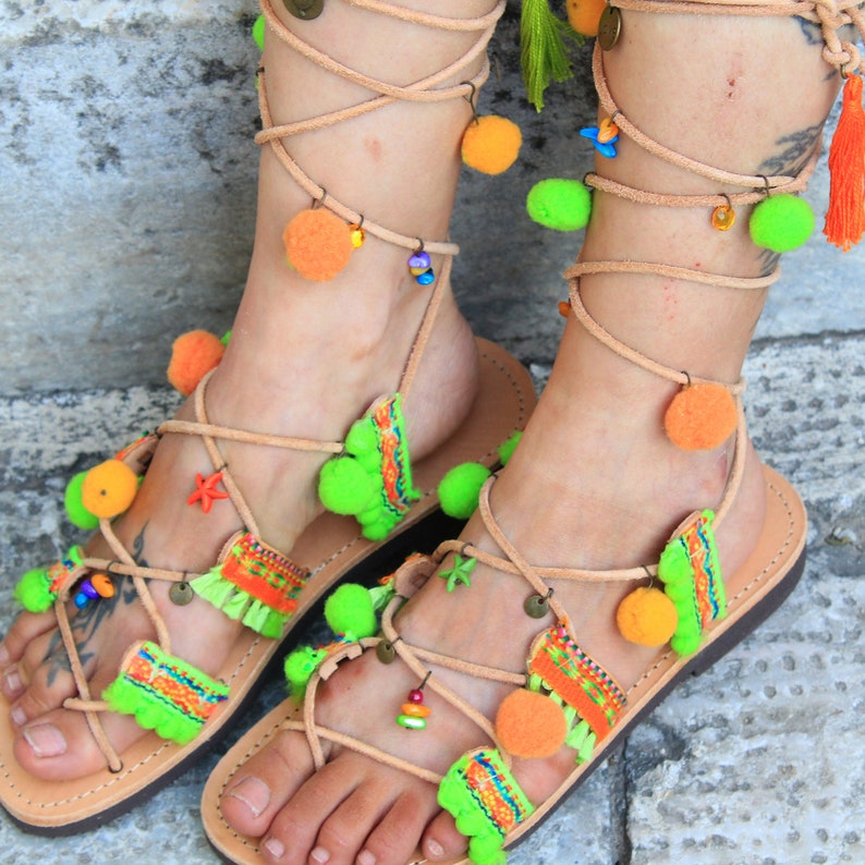green orange sandals ethnic sandals Greek Leather Boho Sandals PHOEBE Tie up Gladiator Sandals colorful hippie sandals pom pom sandals