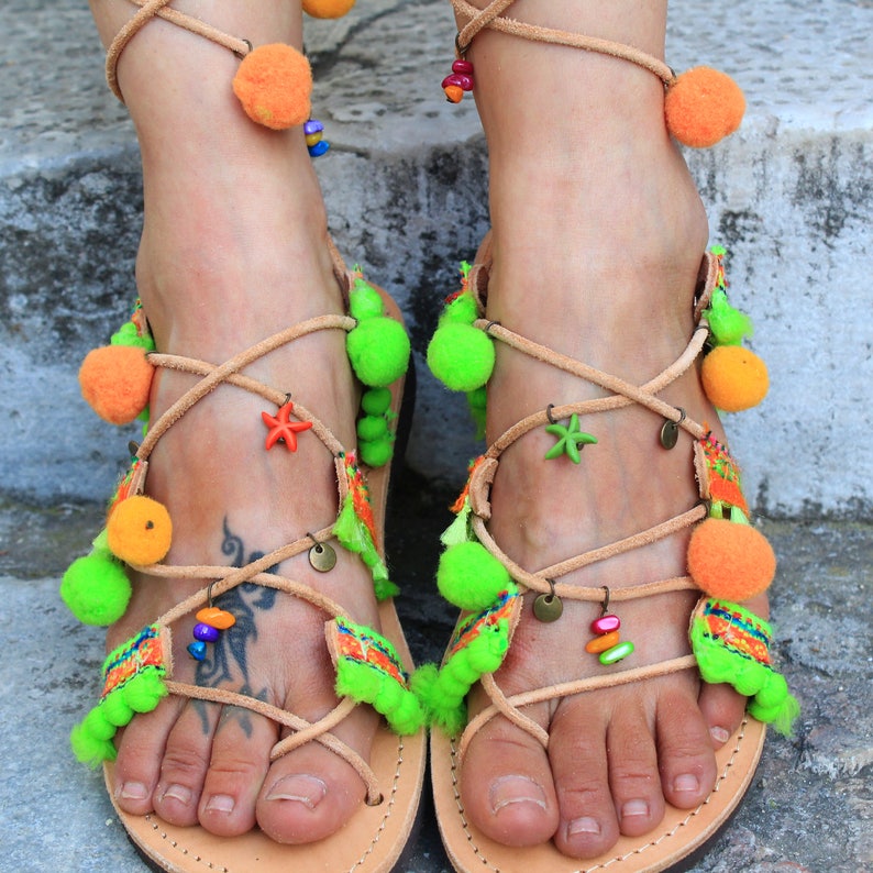green orange sandals ethnic sandals Greek Leather Boho Sandals PHOEBE Tie up Gladiator Sandals colorful hippie sandals pom pom sandals