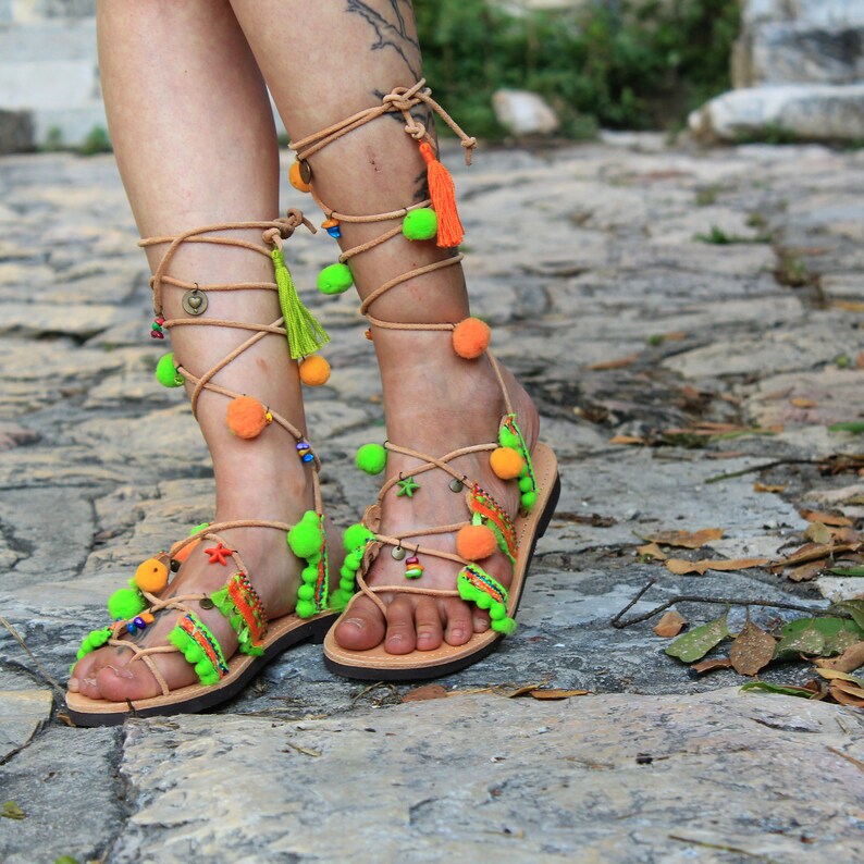 green orange sandals ethnic sandals Greek Leather Boho Sandals PHOEBE Tie up Gladiator Sandals colorful hippie sandals pom pom sandals