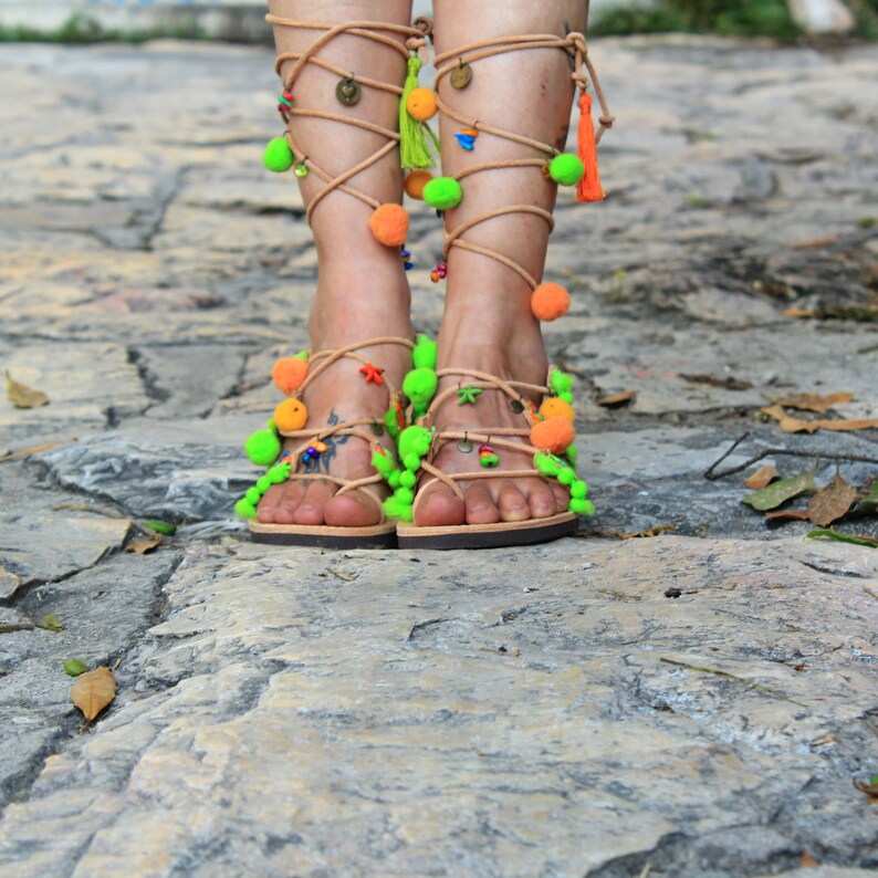 green orange sandals ethnic sandals Greek Leather Boho Sandals PHOEBE Tie up Gladiator Sandals colorful hippie sandals pom pom sandals