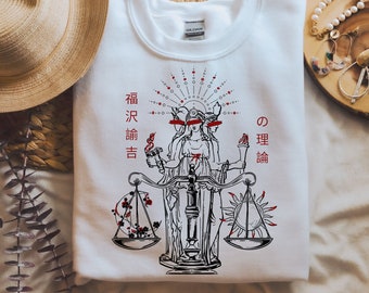Japanese Author Inspired Celestial Divine Judgement Graphic Crew Neck Sweatshirt - White