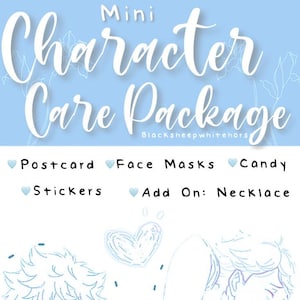 Puede incluir: Gráfico azul claro con las palabras "Mini Character Care Package" en escritura blanca. La imagen incluye ilustraciones lineales de dos personajes de anime y enumera elementos como postales, mascarillas, caramelos, pegatinas y un collar.