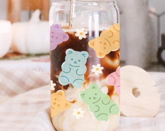 Gummy Bear Glass Cup with Bamboo Lid & Metal Straw | 16oz Iced Coffee Tumbler