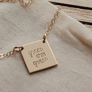 Minimalist Grace Upon Grace Square Pendant Necklace Hand Stamped bible verse jewelry Mamas Necklace