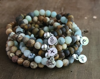 Custom Wood Beaded Stacking Bracelet with Personalized Charm