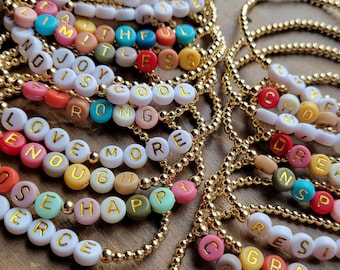 Mantra Bead Bracelets . Gold-Filled Word Name Stretch Bracelets
