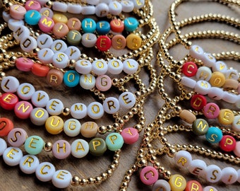 Mantra Bead Bracelets . Gold-Filled Word Name Stretch Bracelets