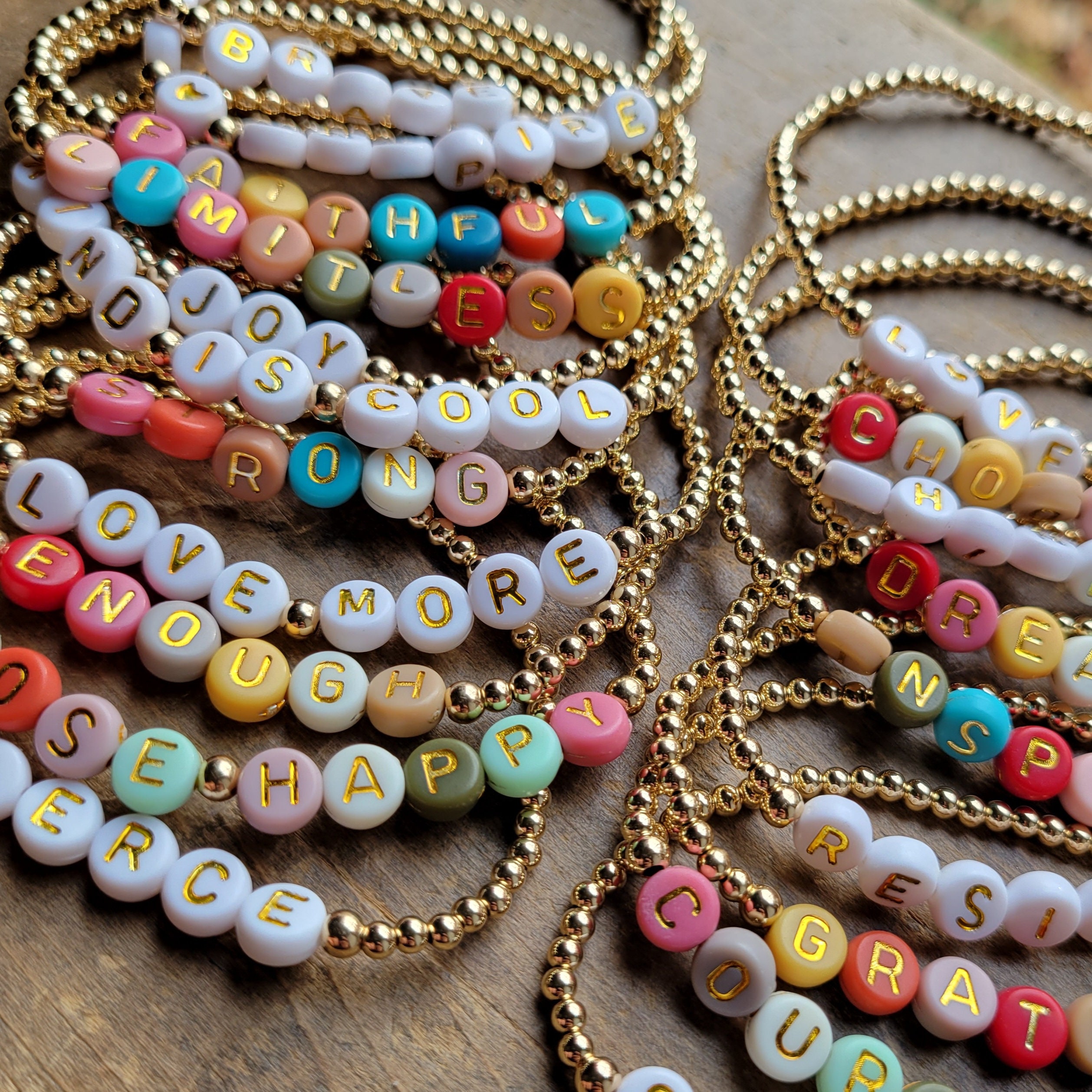 Mantra Bead Bracelets . Gold-Filled Word Name Stretch Bracelets