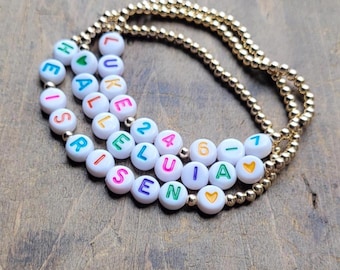 Custom Gold-filled Beaded Bracelets . Gold-Filled Word Name Stretch Bracelets . Easter Basket Stuffers