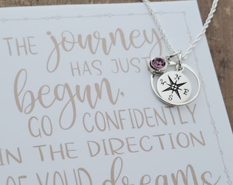 Tiny Compass + Birthstone Graduation Necklace .  2024 Grad Gift Jewelry  .  Senior 2024 .  Minimalist Compass Necklace for Graduation