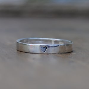 ONE 1 Sterling Silver Tiny Heart Stamped Ring for wearing Solo or Stacking . Minimalist Ring for Stacking image 1