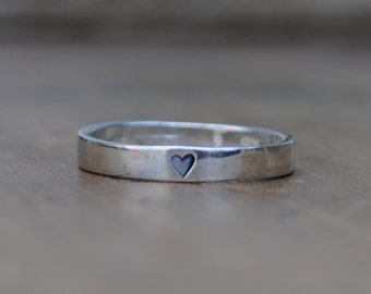 ONE (1) Sterling Silver  Tiny  Heart Stamped Ring for wearing Solo or Stacking  .  Minimalist Ring for Stacking