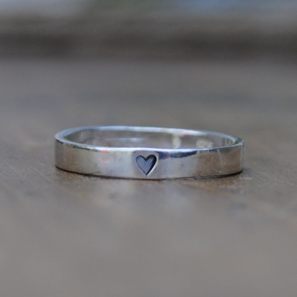ONE (1) Sterling Silver  Tiny  Heart Stamped Ring for wearing Solo or Stacking  .  Minimalist Ring for Stacking