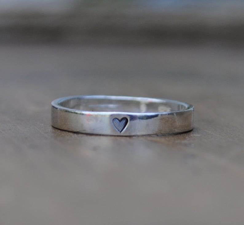 ONE 1 Sterling Silver Tiny Heart Stamped Ring for wearing Solo or Stacking . Minimalist Ring for Stacking image 1