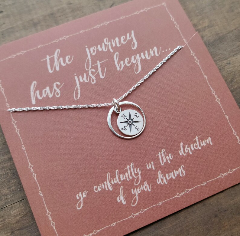 Graduation Gift . The Journey Has Just Begun Necklace .  Small Compass w HaLo Necklace .  Inspirational Jewelry for the 2022 Senior graduate 