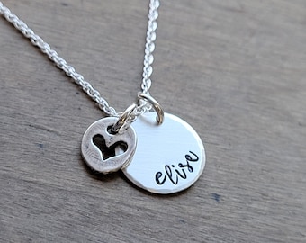 Personalized Name + Artisan Open Heart Cutout Charm . Custom Name Jewelry . Personalized Family Necklace for Mom . Child Name Necklace