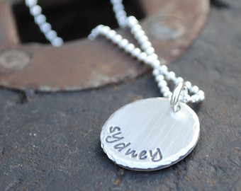 Custom Sterling Silver Name Necklace: Hand Stamped Disc Jewelry