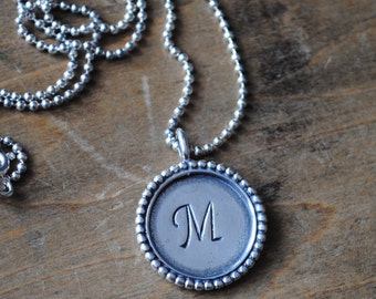 Sterling Necklace Dotted Edge Artisan Style Pendant with Custom Initial  .  Personalized Monogram