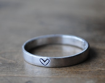 my heart is open Stacking Ring . ONE (1) Personalized Silver Heart Stamped Ring for wearing Solo or Stacking