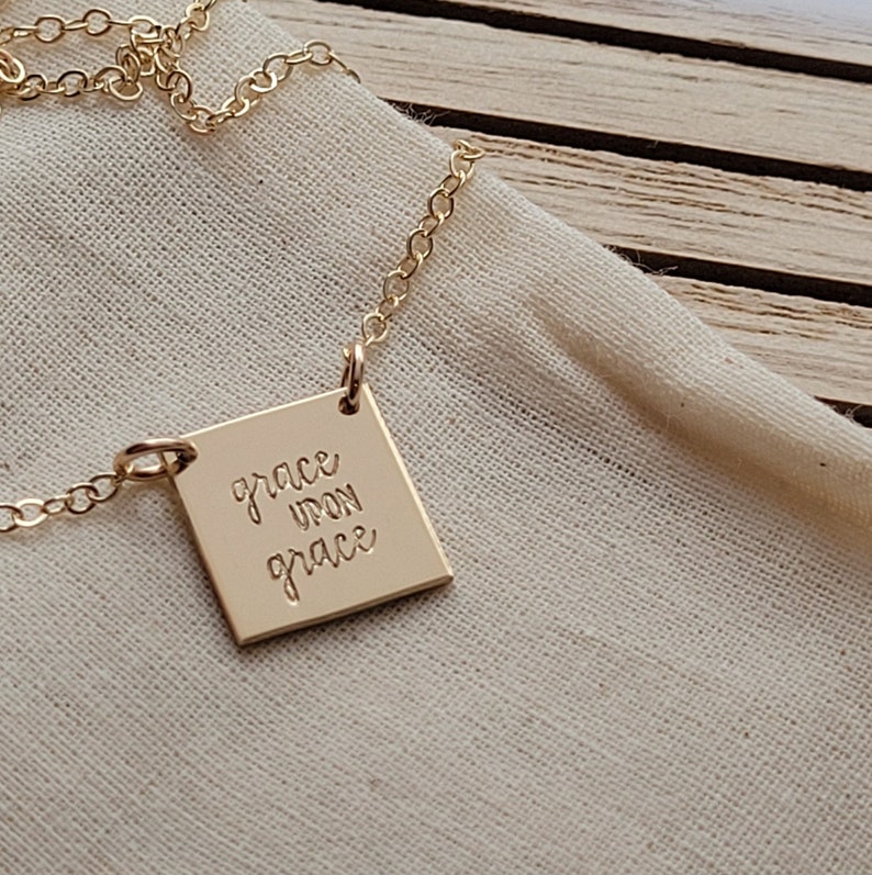 Minimalist Grace Upon Grace Square Pendant Necklace Hand Stamped bible verse jewelry Mamas Necklace