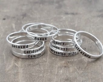 ONE Personalized Sterling Stacking Name Rings .  Inspirational Mantra Ring . Mothers Ring