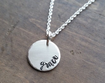 PERSONALIZED NAME NECKLACE . The Gracie hand stamped name necklace  new mom gift en name jewelry .  Child Name necklace
