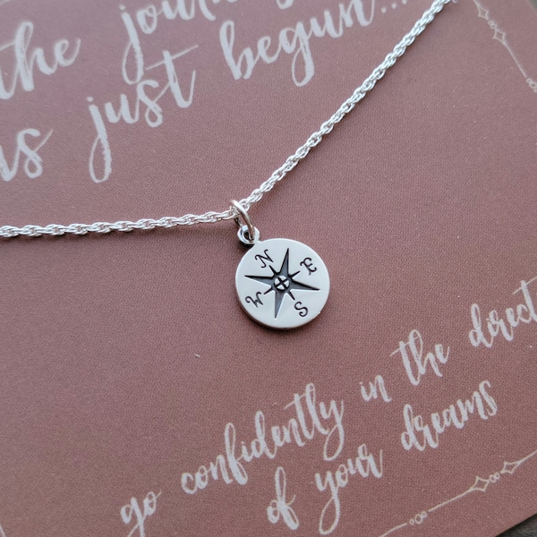 Tiny Compass Grad Gift Necklace . Graduation 2024 .  The Journey Has Just Begun Necklace