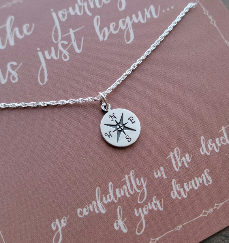 Tiny Compass Necklace . Graduation Gift .  The Journey Has Just Begun Necklace  .  inspirational necklace 