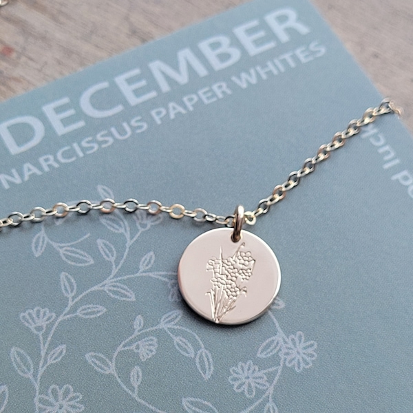 December Birthflower Necklace  .  Paper White Floral Jewelry  .  Gifts for Mom  .  Winter Birthday Jewelry