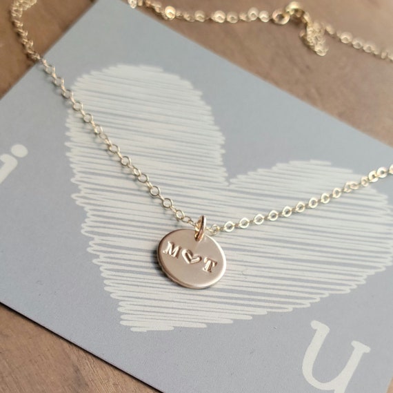Rose gold filled personalized name necklace, cupped disc with pearl, m –  CYC Jewelry